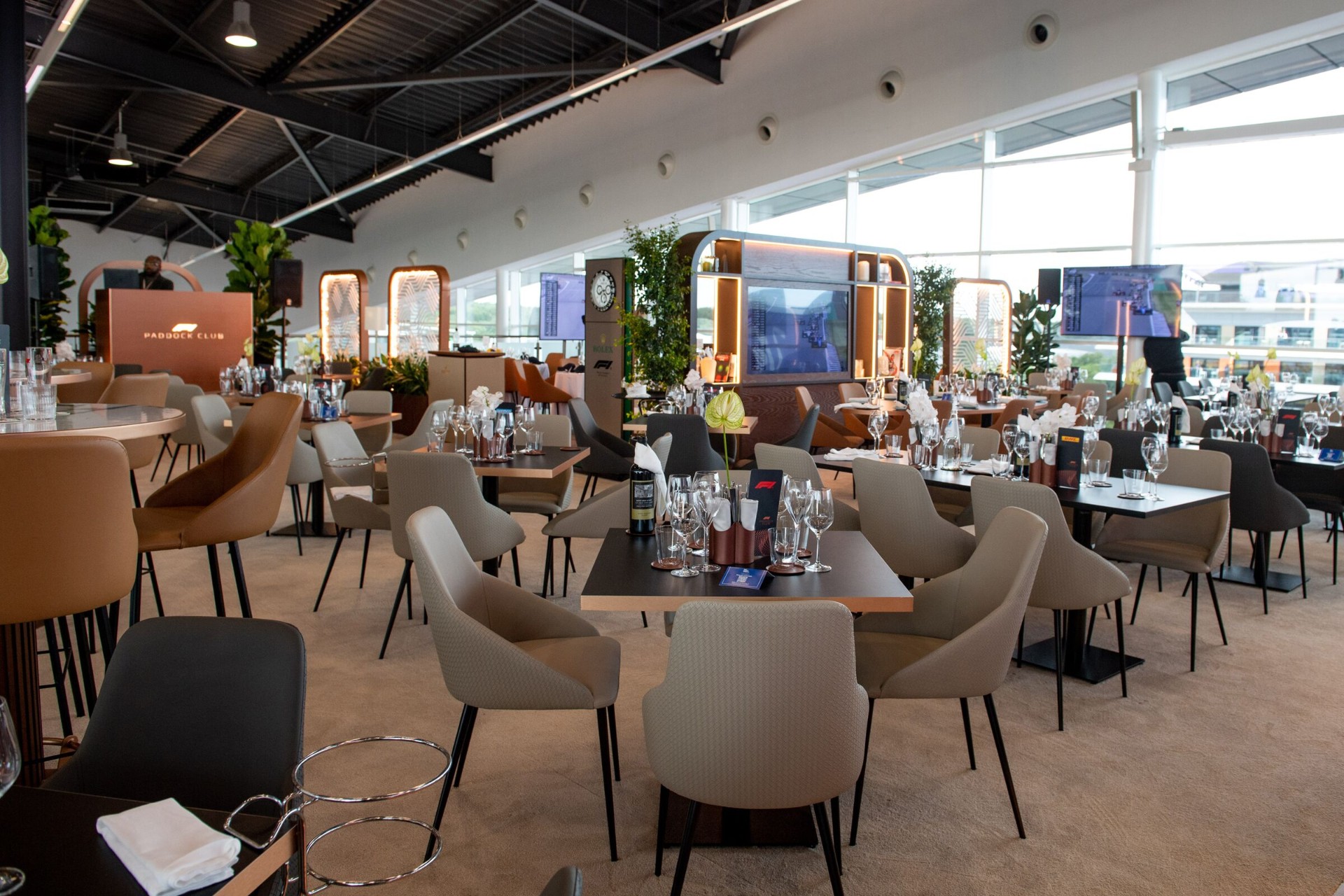 Paddock Club interior at the Italian Grand Prix with fine dining setup